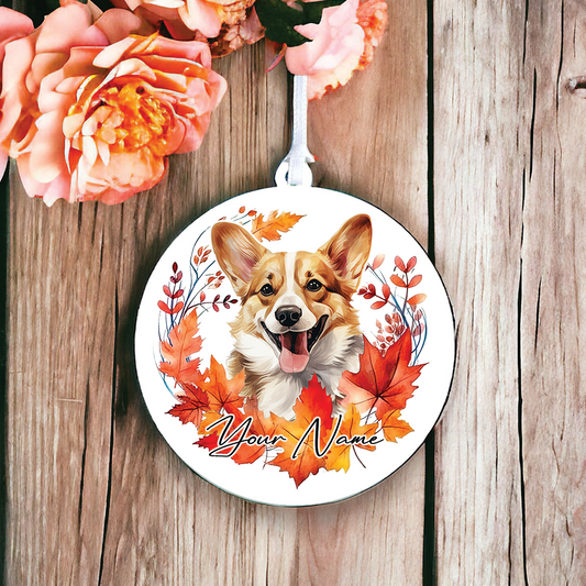 Personalised Dog Corgi in an autumn wreath - Keepsake Gift Hanging Decoration, by Floppsie Moppsie – floppsiemoppsie at floppsiemoppsie.co.uk