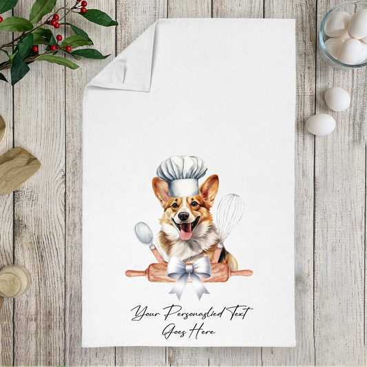 Personalised Dog In Chef Hat Gift Tea Towel - Corgi