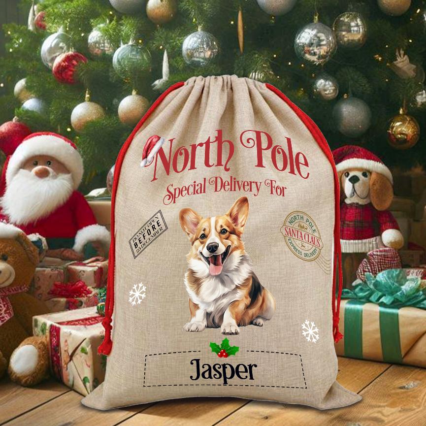 Personalised Dog Corgi – North Pole Special Delivery Santa Sack Pet Gift, by Floppsie Moppsie – floppsiemoppsie at floppsiemoppsie.co.uk