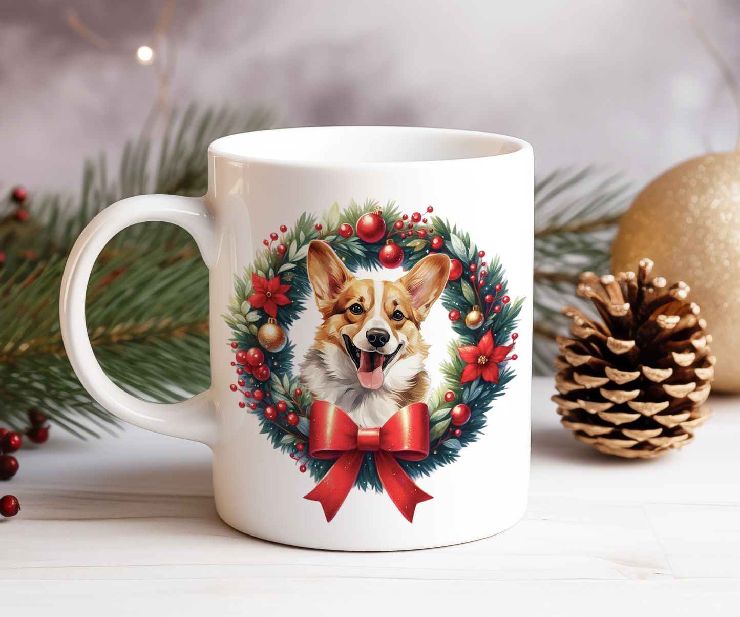 Personalised Corgi Dog Christmas Wreath Gift Mug