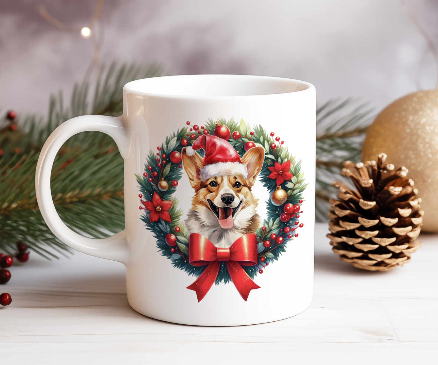 Personalised Corgi Dog Christmas Wreath Gift Mug