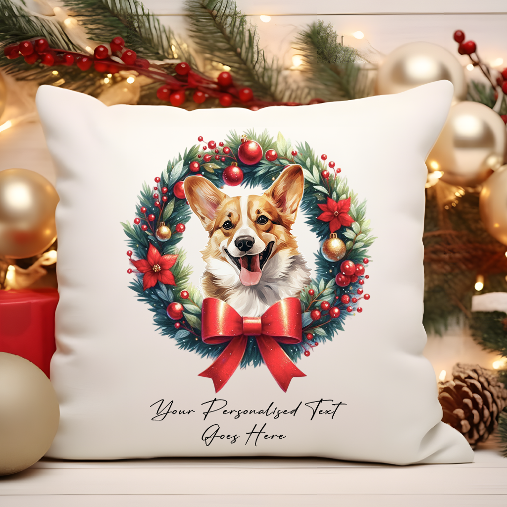 Personalised Corgi in a Christmas wreath - Keepsake Gift cushion, by Floppsie Moppsie – floppsiemoppsie at floppsiemoppsie.co.uk