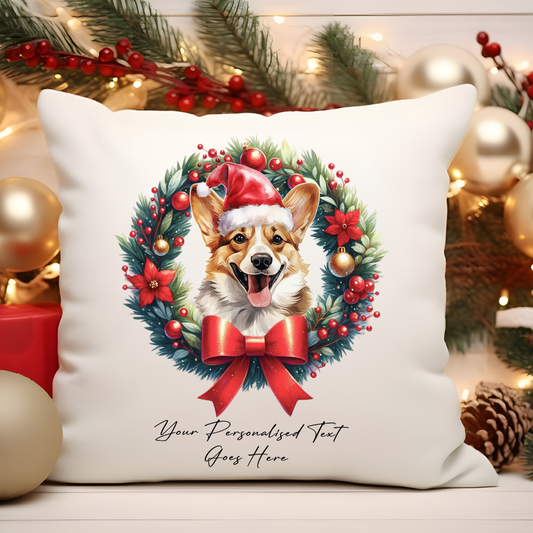 Personalised Corgi with Santa Hat in a Christmas wreath - Keepsake Gift cushion, by Floppsie Moppsie – floppsiemoppsie at floppsiemoppsie.co.uk