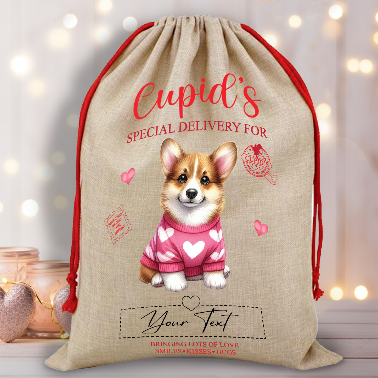 Personalised Dog Love Heart Valentine Anniversary Gift Sack - Corgi