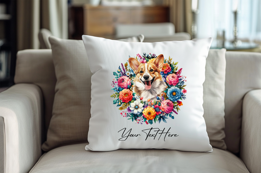 Personalised Floral Summer Pet Dog Wreath with Corgi - Keepsake Gift Cushion, by Floppsie Moppsie – floppsiemoppsie at floppsiemoppsie.co.uk