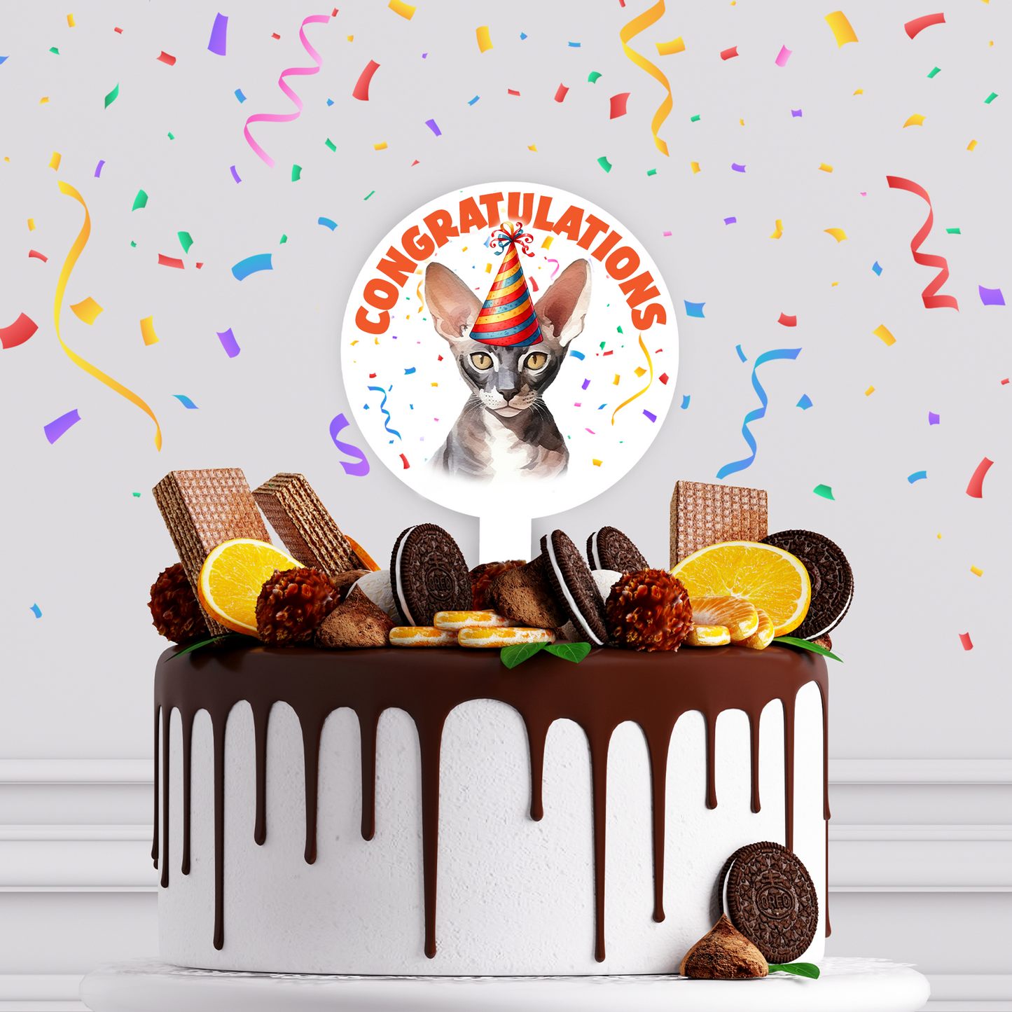 Personalised Cat Party Hat Cake Topper - Cornish Rex