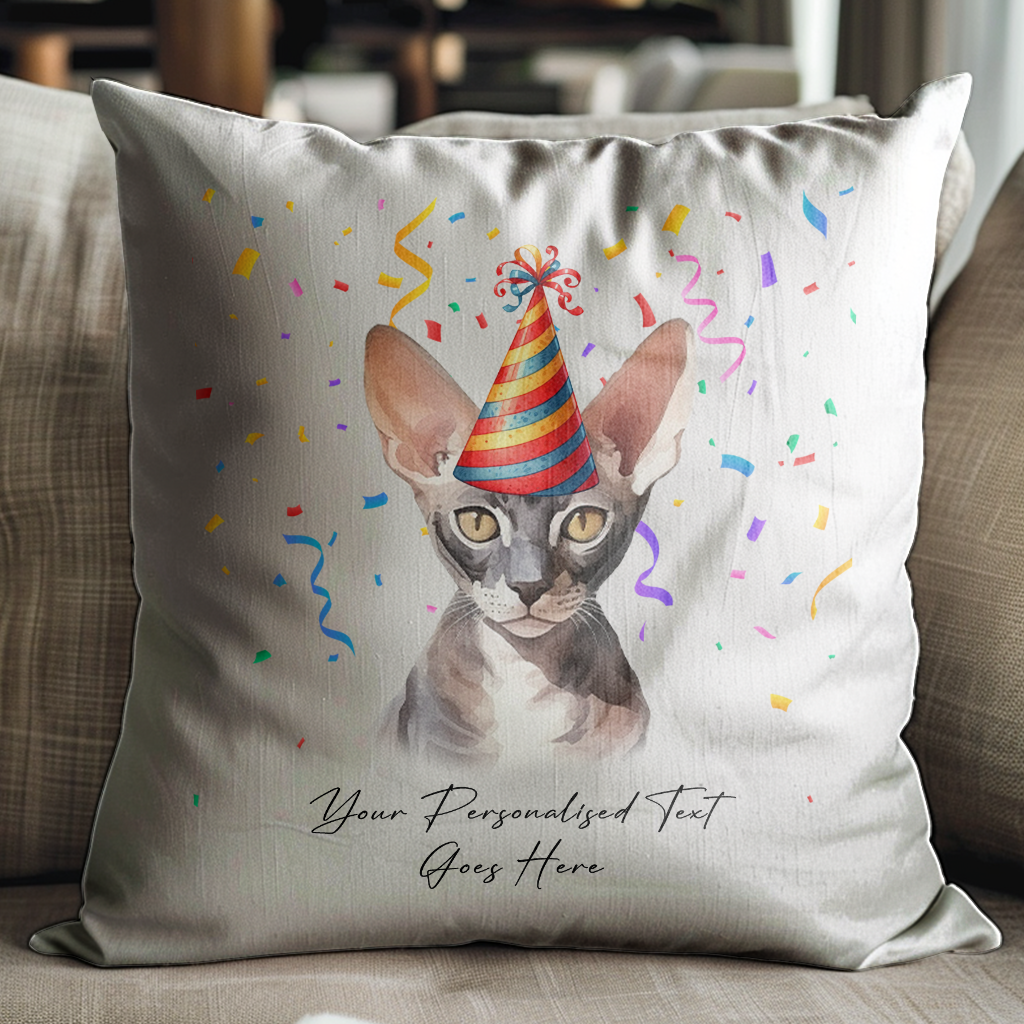 Personalised Cornish Rex Birthday Party Hat Cat - Cushion Cover Gift