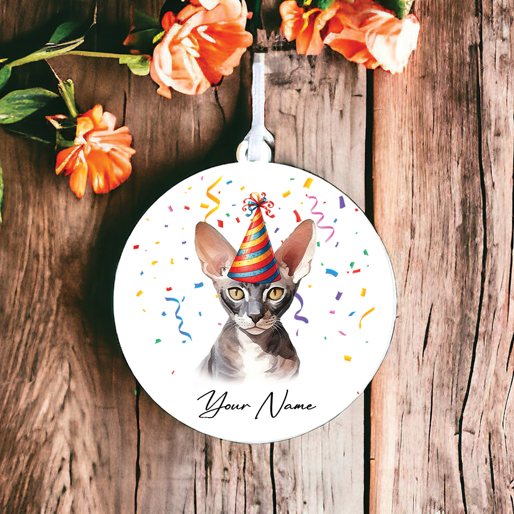 Personalised Cornish Rex Cat Birthday Party Hat - Hanging Bauble Decoration