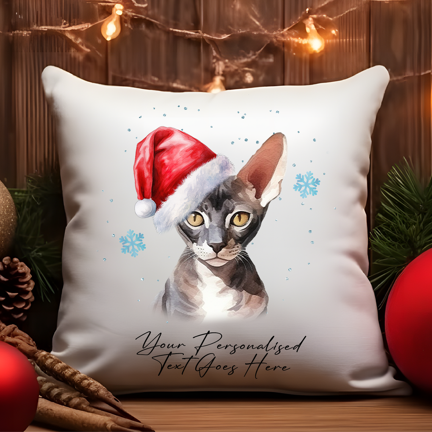 Personalised Cat Christmas Cornish Rex in Santa Hat - Cushion Cover Gift