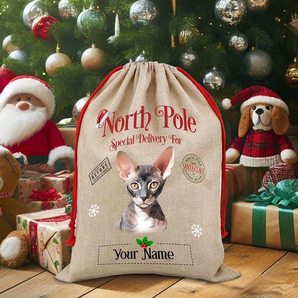 Personalised Cornish Rex - Cat North Pole Santa Sack