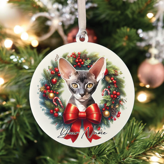 Personalised Cornish Rex Cat Christmas Wreath - Hanging Bauble Decoration