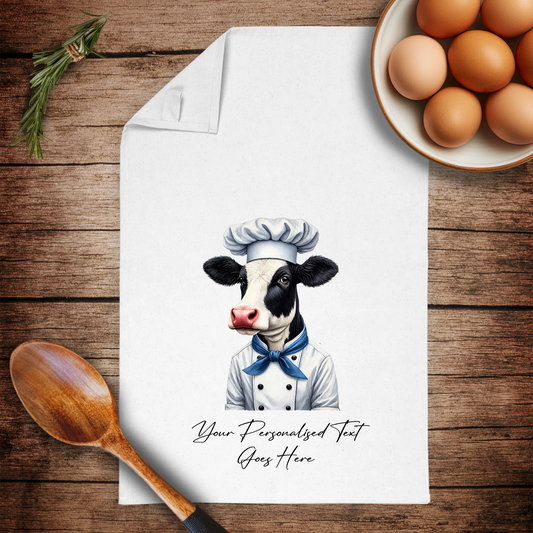 Personalised Watercolour Animal Chef Cow Tea Towel