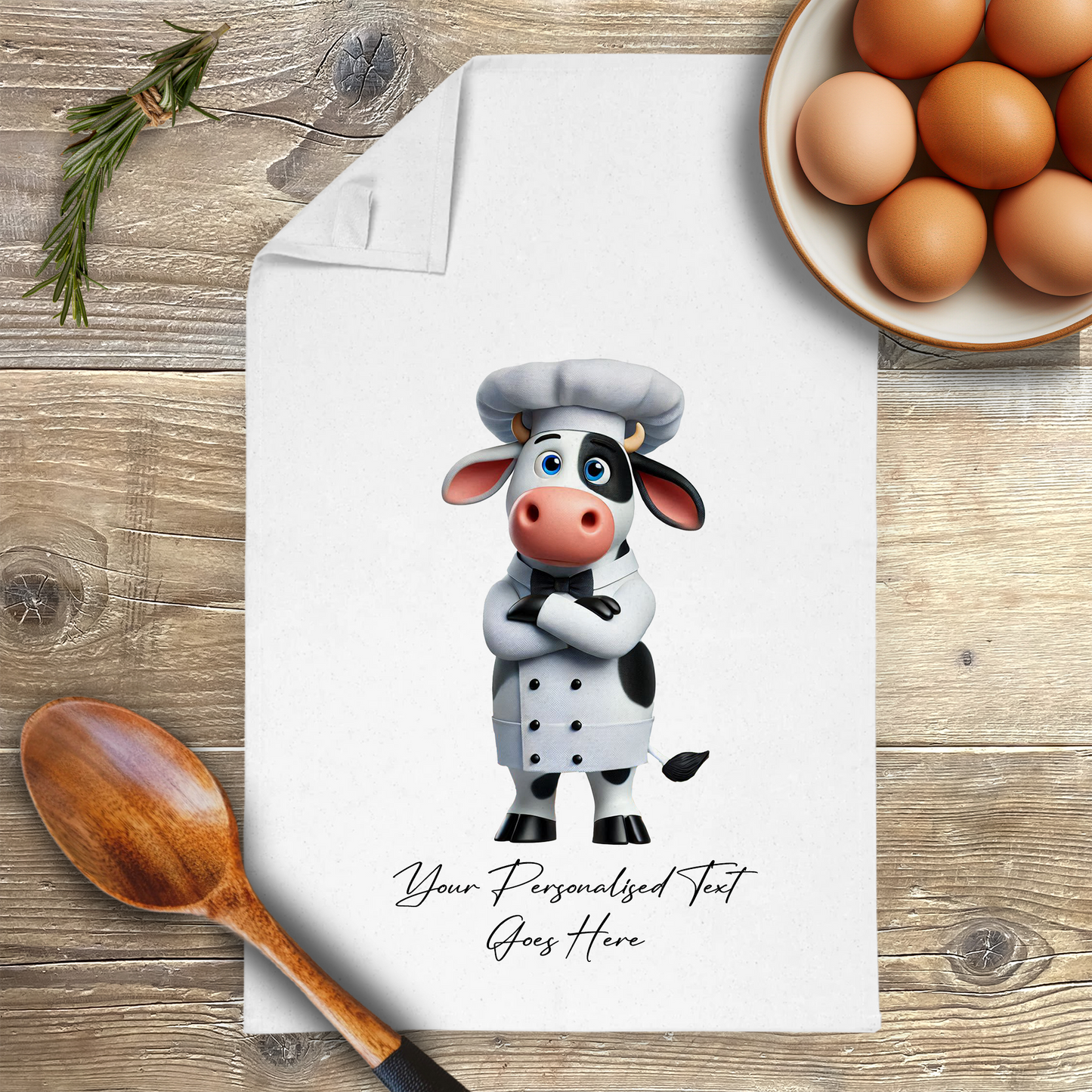 Personalised Toon Animal Chef Cow Tea Towel