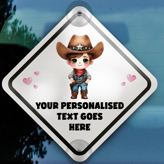 Personalised Baby Child On Board Car Window Sign - Cowboy