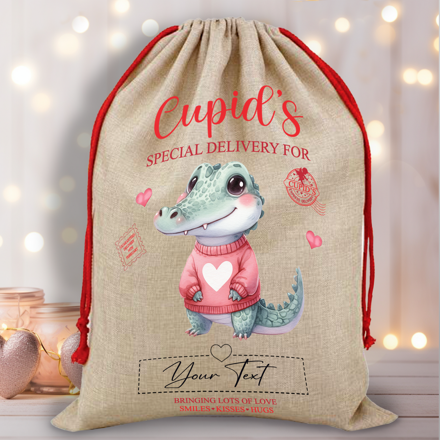 Personalised Animal Love Heart Valentine Anniversary Gift Sack - Crocodile