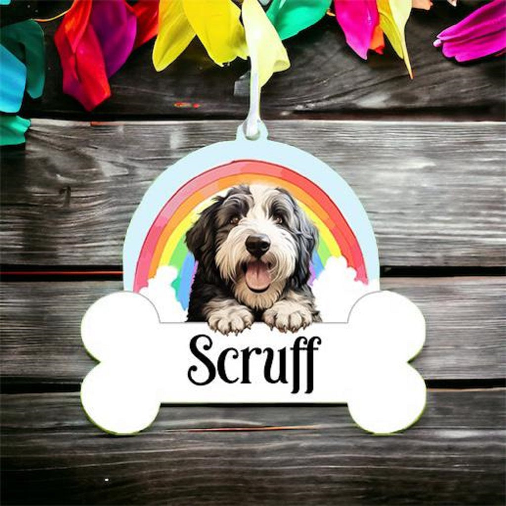 Personalised Old English Sheepdog Rainbow Hanging Decoration