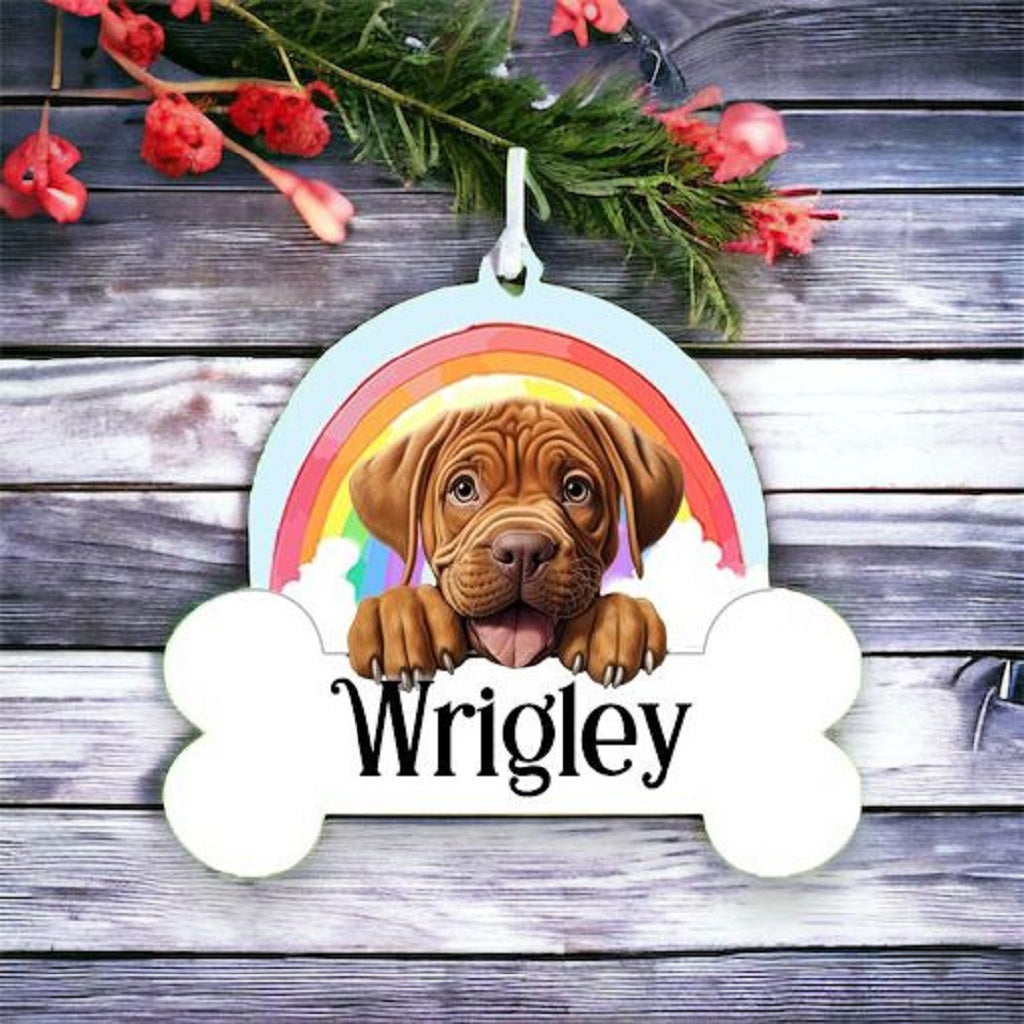 Personalised Dogue De Bordeaux Rainbow Hanging Decoration