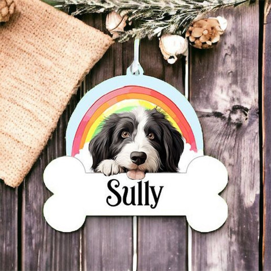 Personalised Bearded Collie Rainbow Hanging Decoration