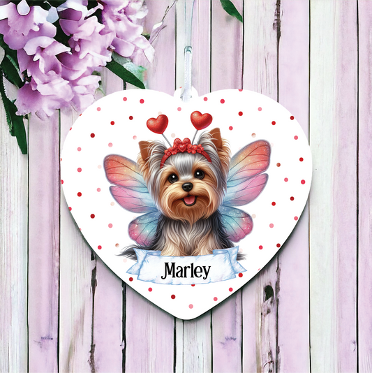 Personalised Yorkshire Terrier Hearts and Wings Decoration