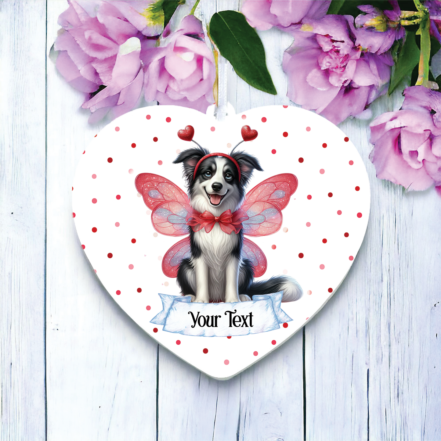 Personalised Border Collie Hearts and Wings Decoration