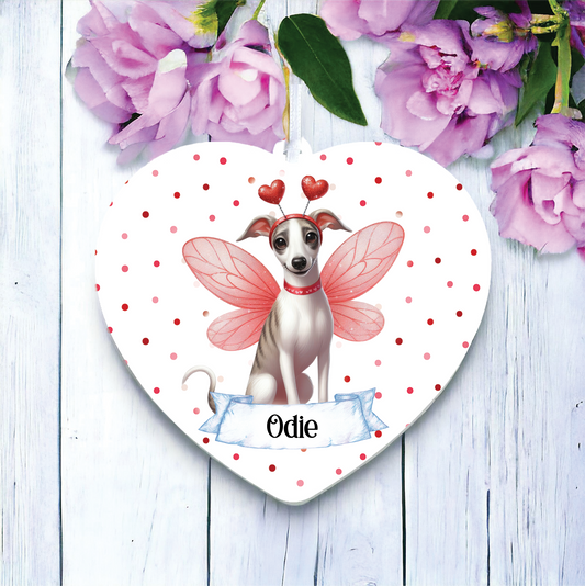 Personalised Whippet Hearts and Wings Decoration