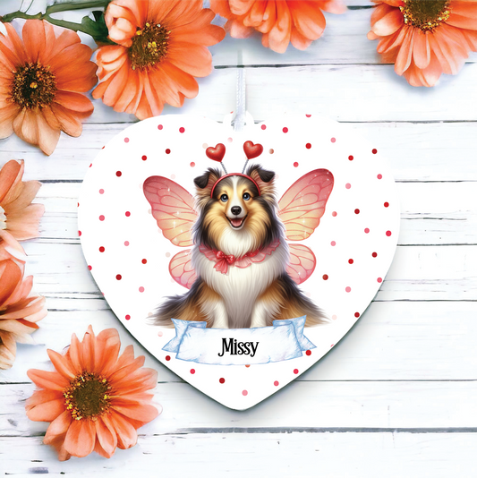 Personalised Shetland Sheepdog Hearts and Wings Decoration