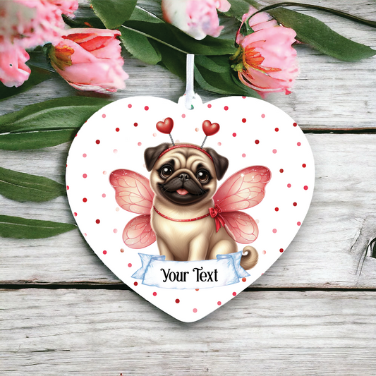 Personalised Pug Hearts and Wings Decoration