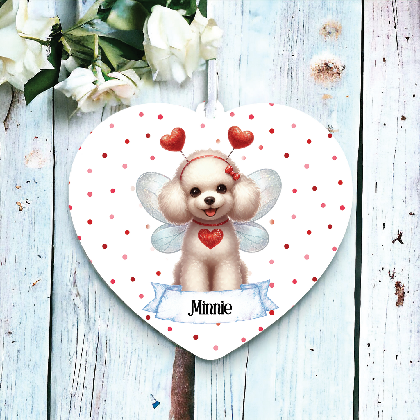 Personalised Poodle Hearts and Wings Decoration