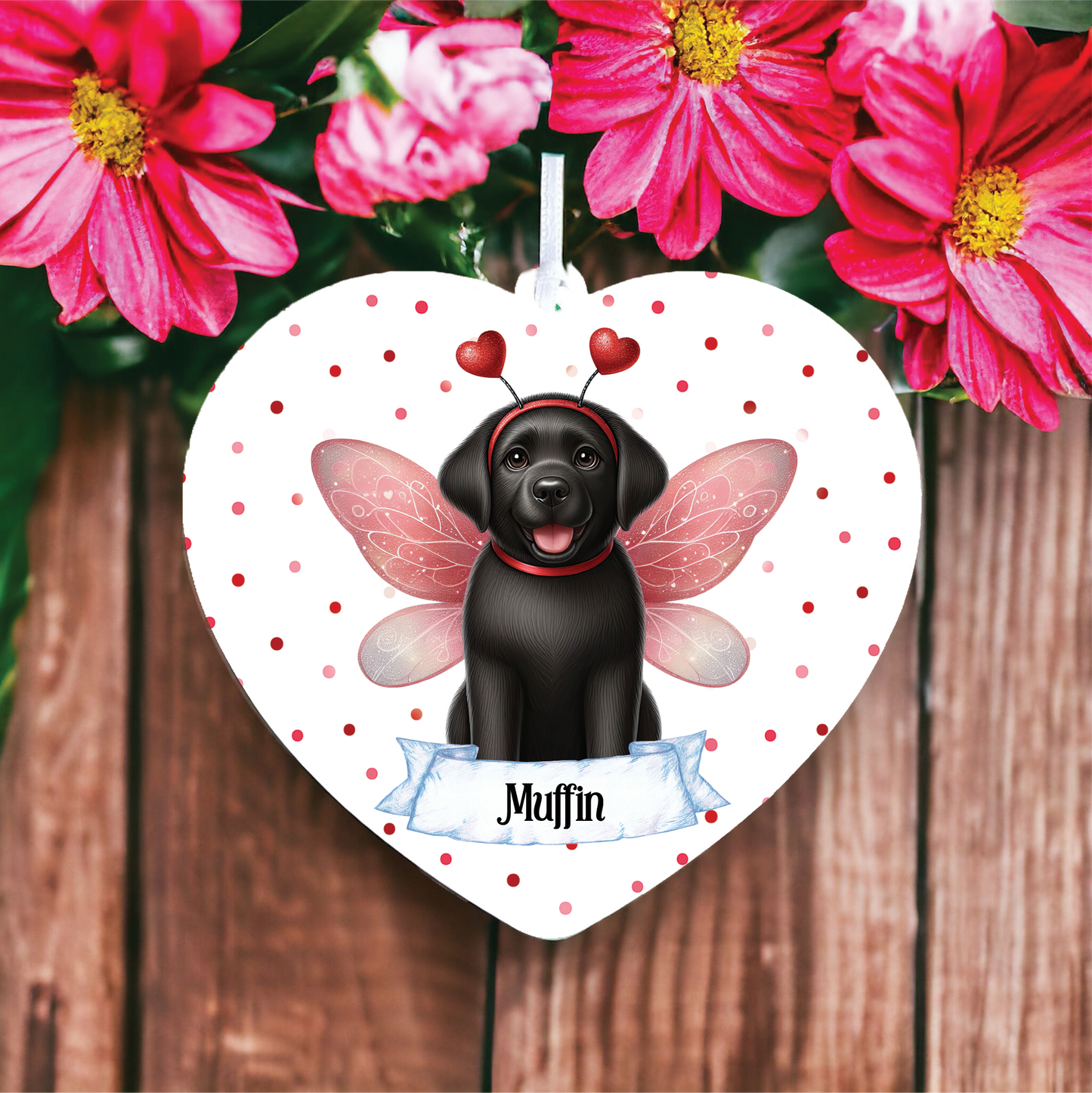 Personalised Black Labrador Retriever Hearts and Wings Decoration