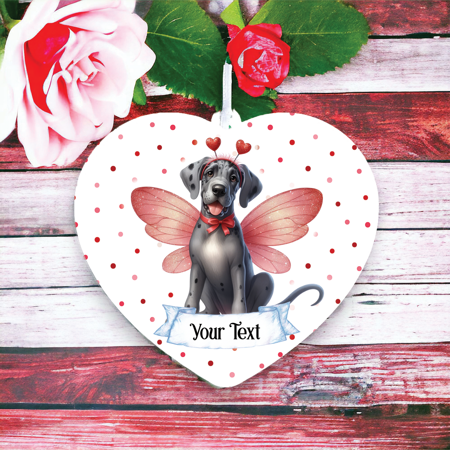 Personalised Great Dane Hearts and Wings Decoration