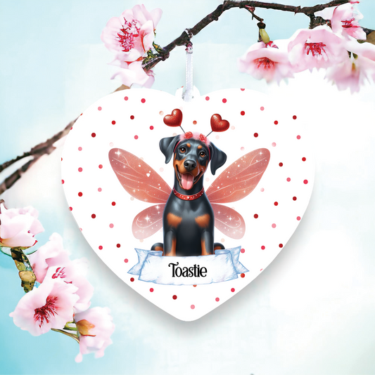 Personalised Doberman Hearts and Wings Decoration