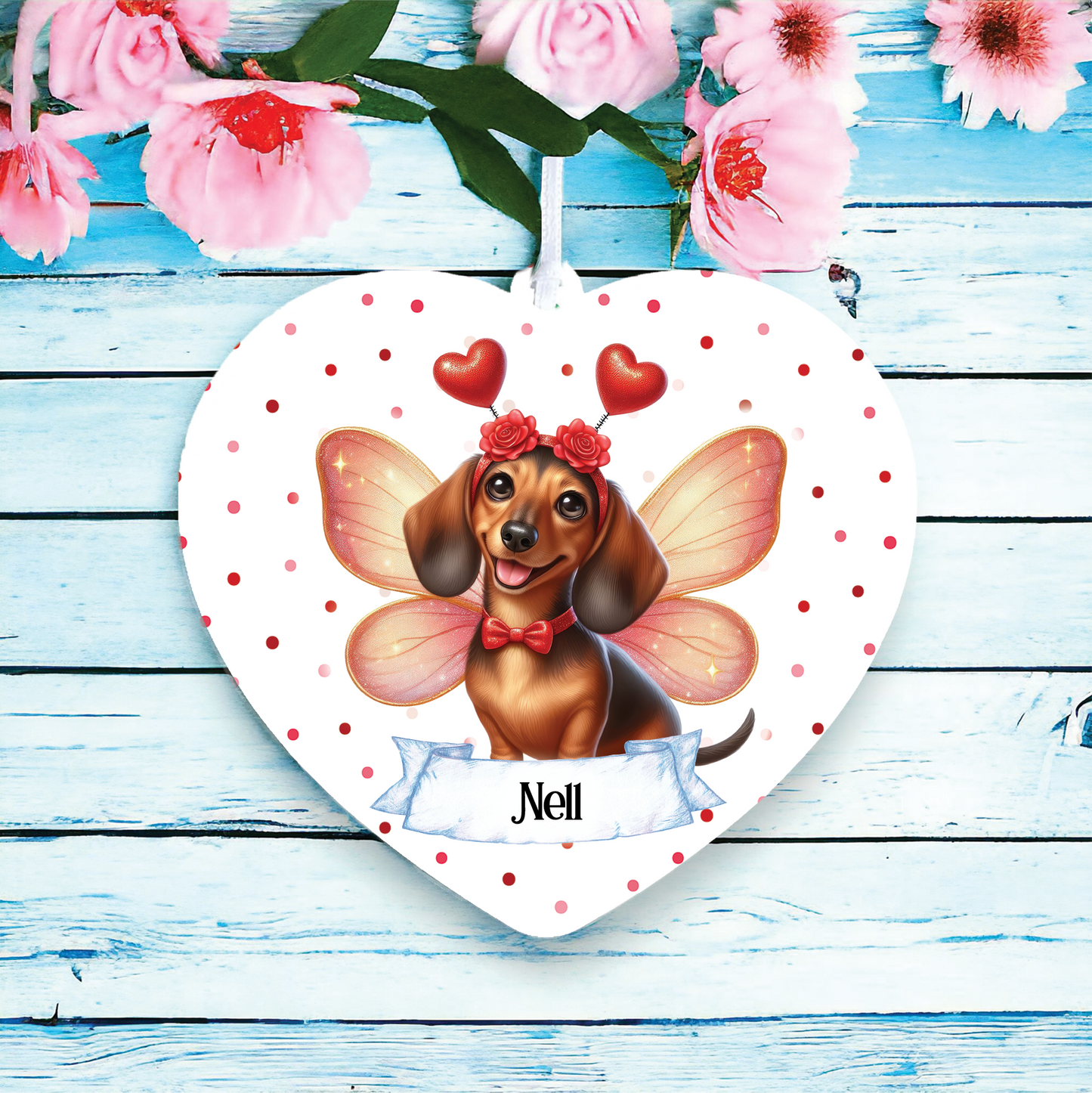 Personalised Dachshund Hearts and Wings Decoration