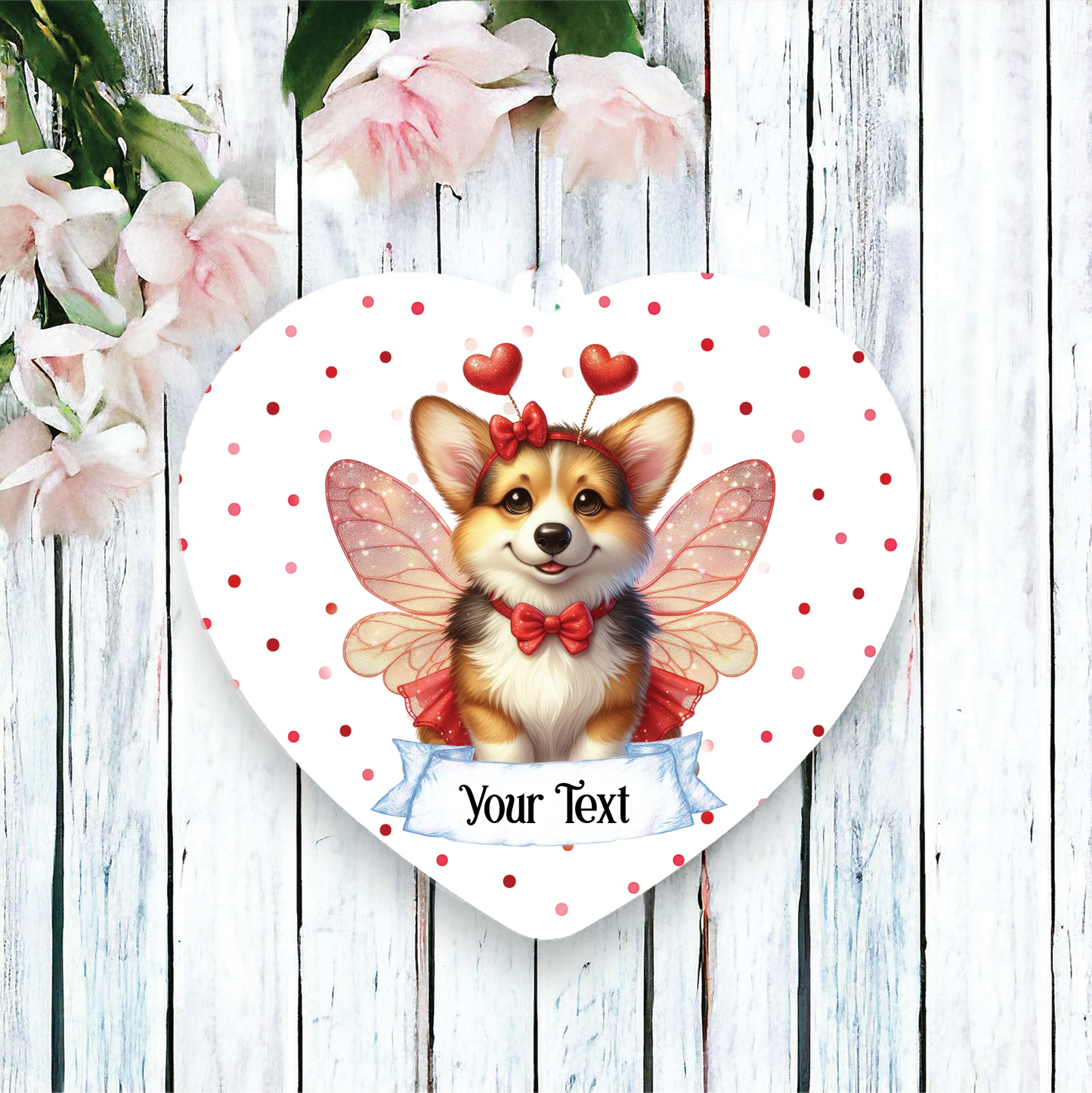 Personalised Corgi Hearts and Wings Decoration