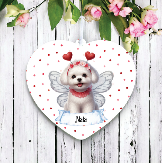 Personalised Bichon Frisé Hearts and Wings Decoration