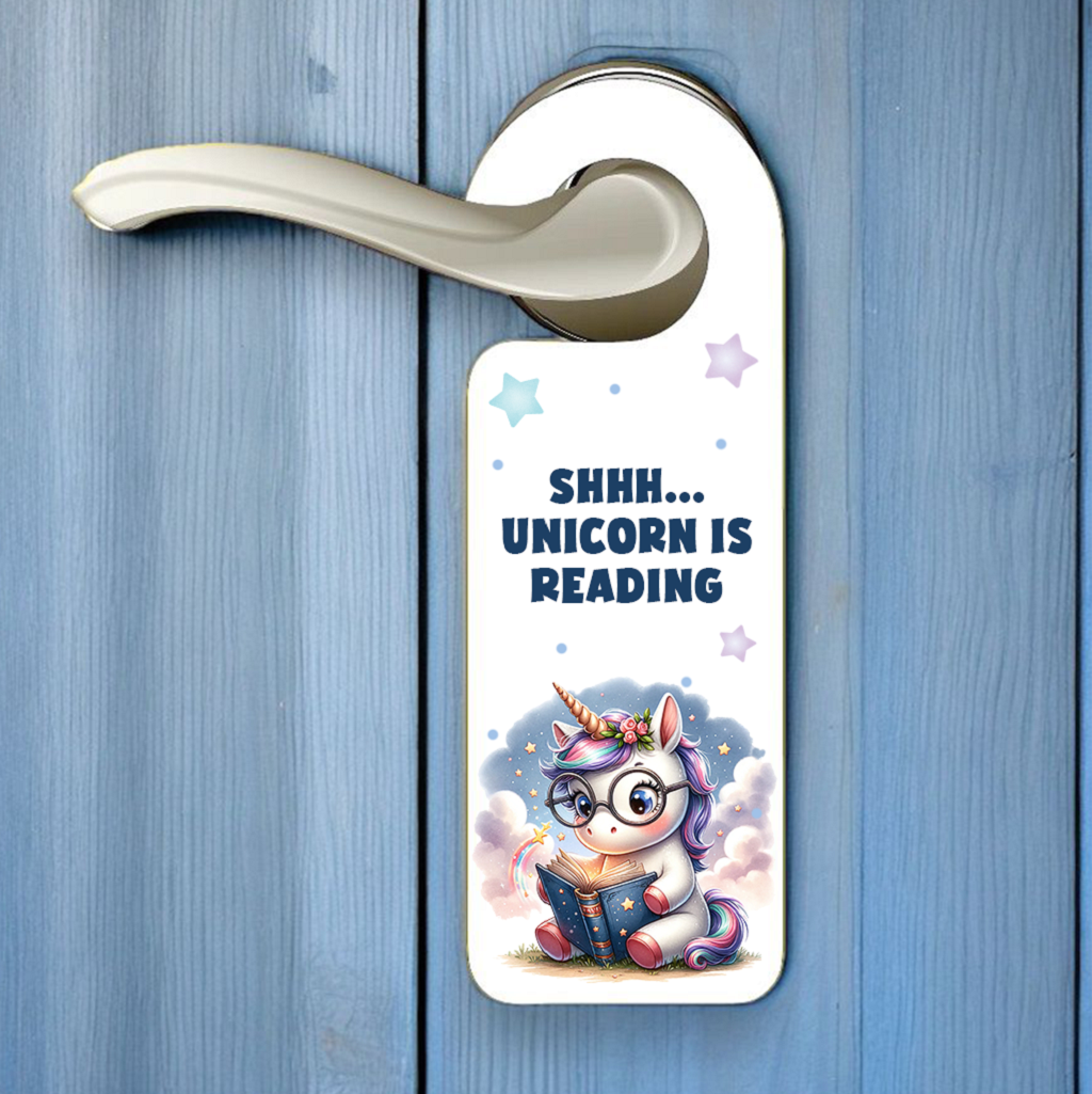 Personalised Unicorn Reading Blue - Door Hanger Gift