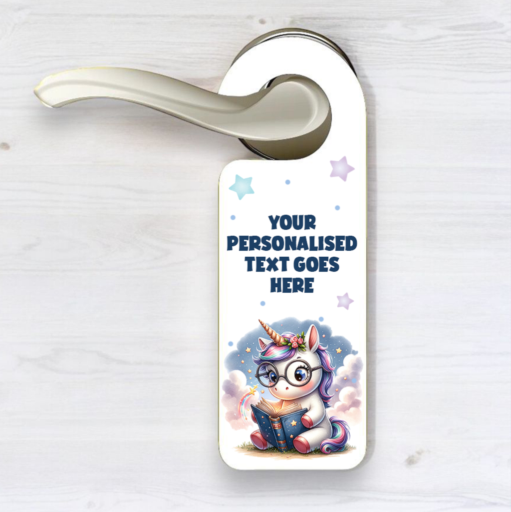 Personalised Unicorn Reading Blue - Door Hanger Gift