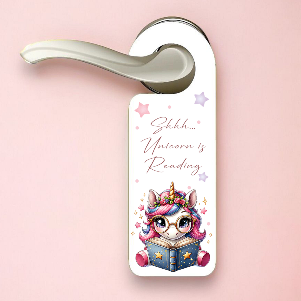 Personalised Unicorn Reading Pink - Door Hanger Gift