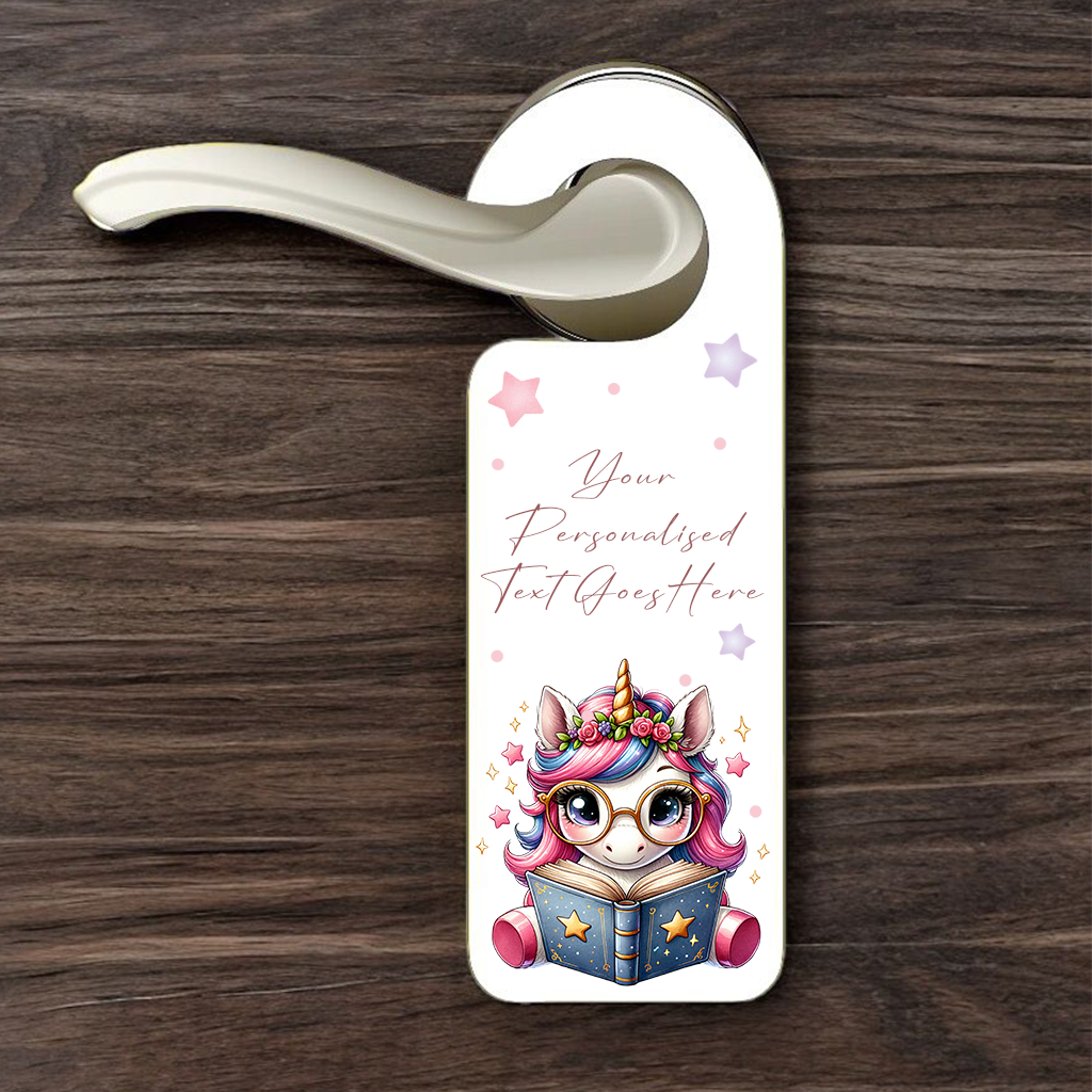 Personalised Unicorn Reading Pink - Door Hanger Gift