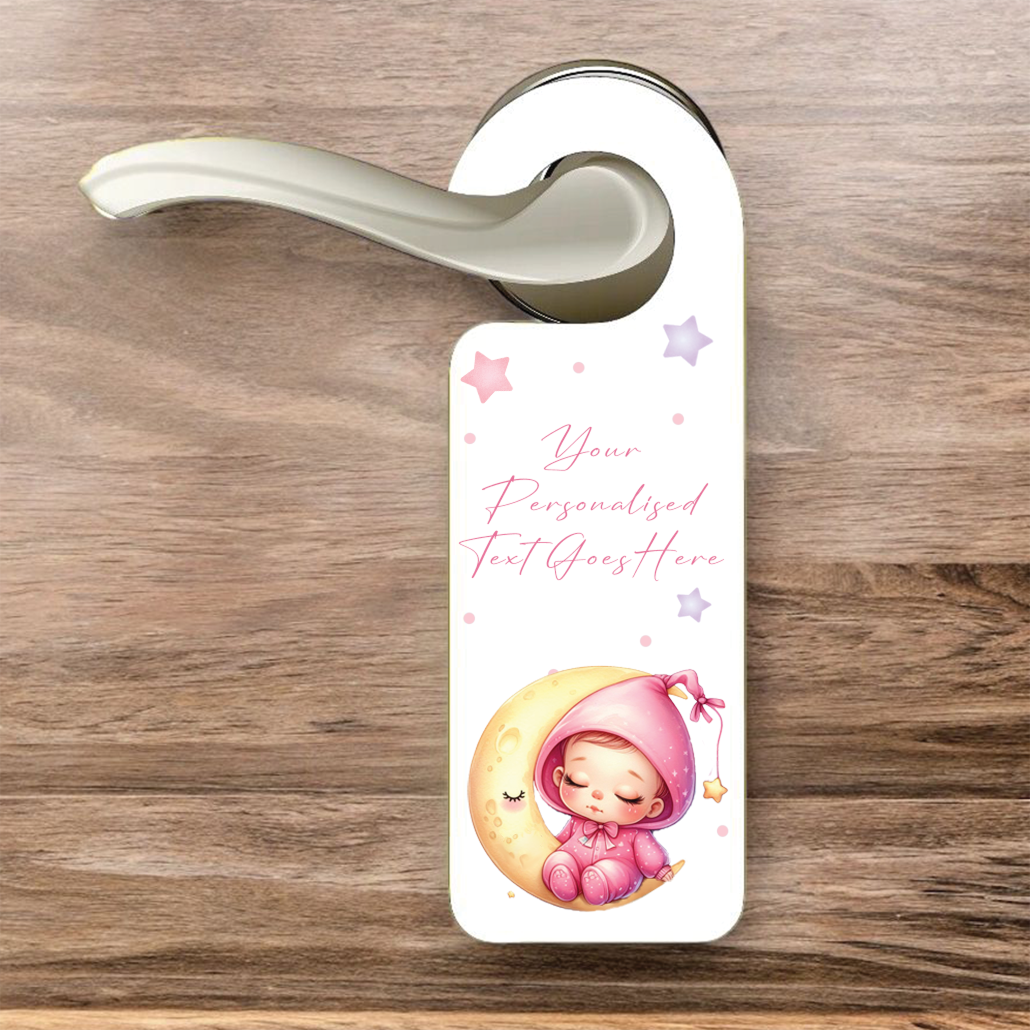 Personalised Baby Sleeping Moon Blue - Door Hanger Gift