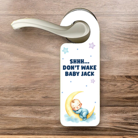 Personalised Baby Sleeping Moon Blue - Door Hanger Gift