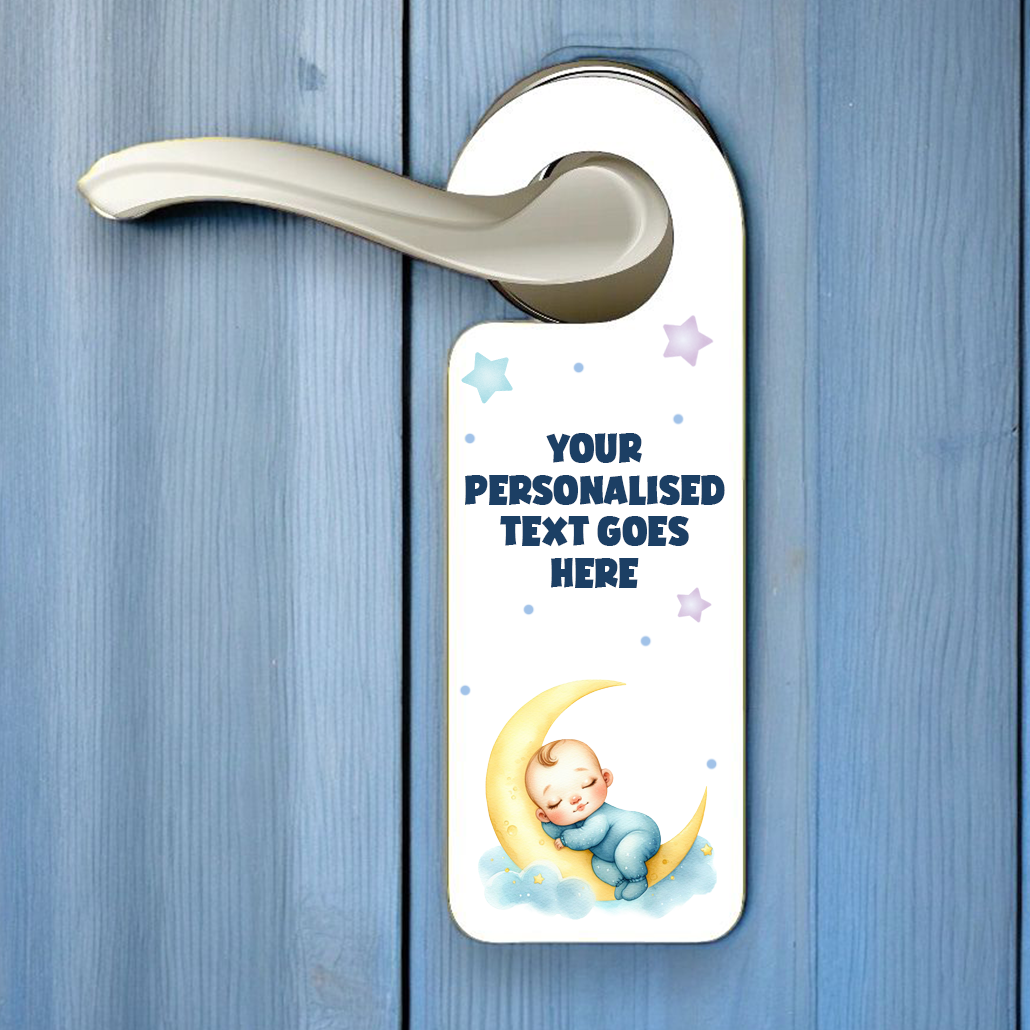 Personalised Baby Sleeping Moon Blue - Door Hanger Gift