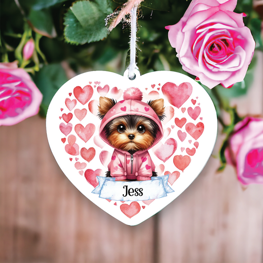 Personalised Yorkshire Terrier Pink Heart Hoodie Decoration