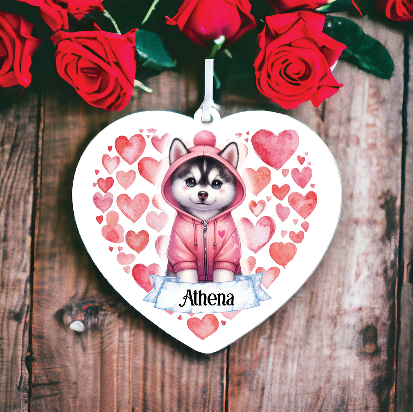 Personalised Siberian Husky In Pink Heart Hoodie Decoration