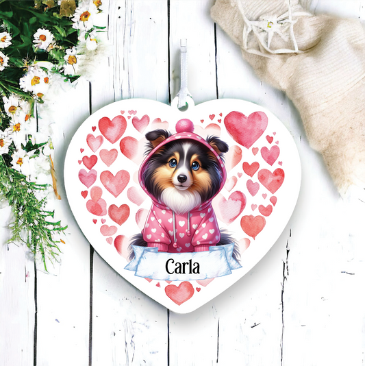 Personalised Shetland Sheepdog Pink Heart Hoodie Decoration