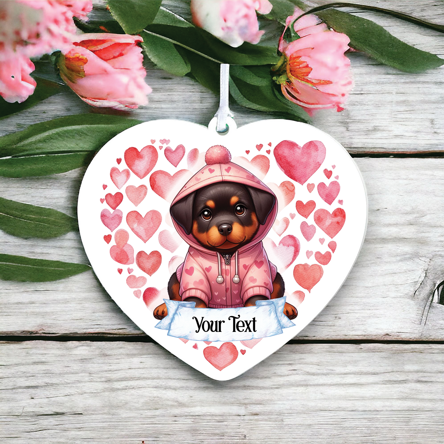 Personalised Rottweiler Pink Heart Hoodie Decoration