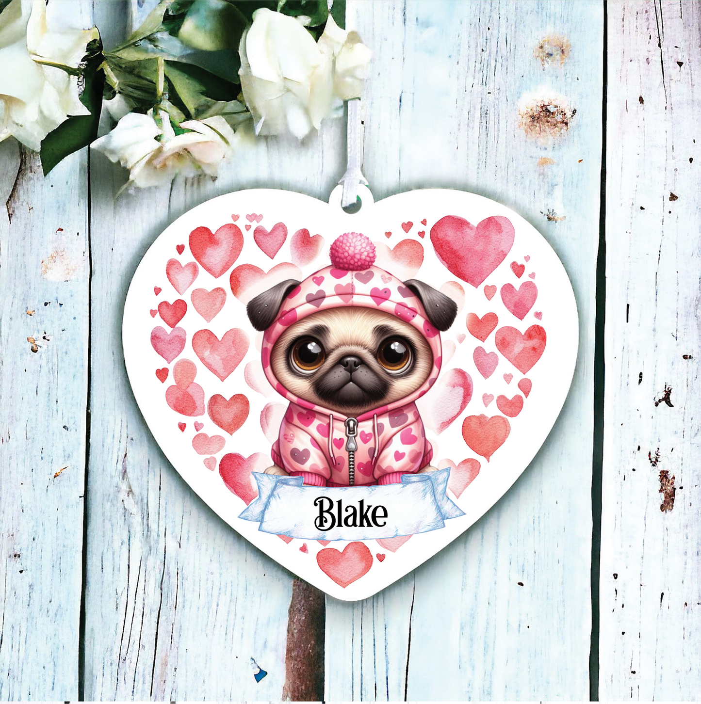 Personalised Pug Pink Heart Hoodie Decoration