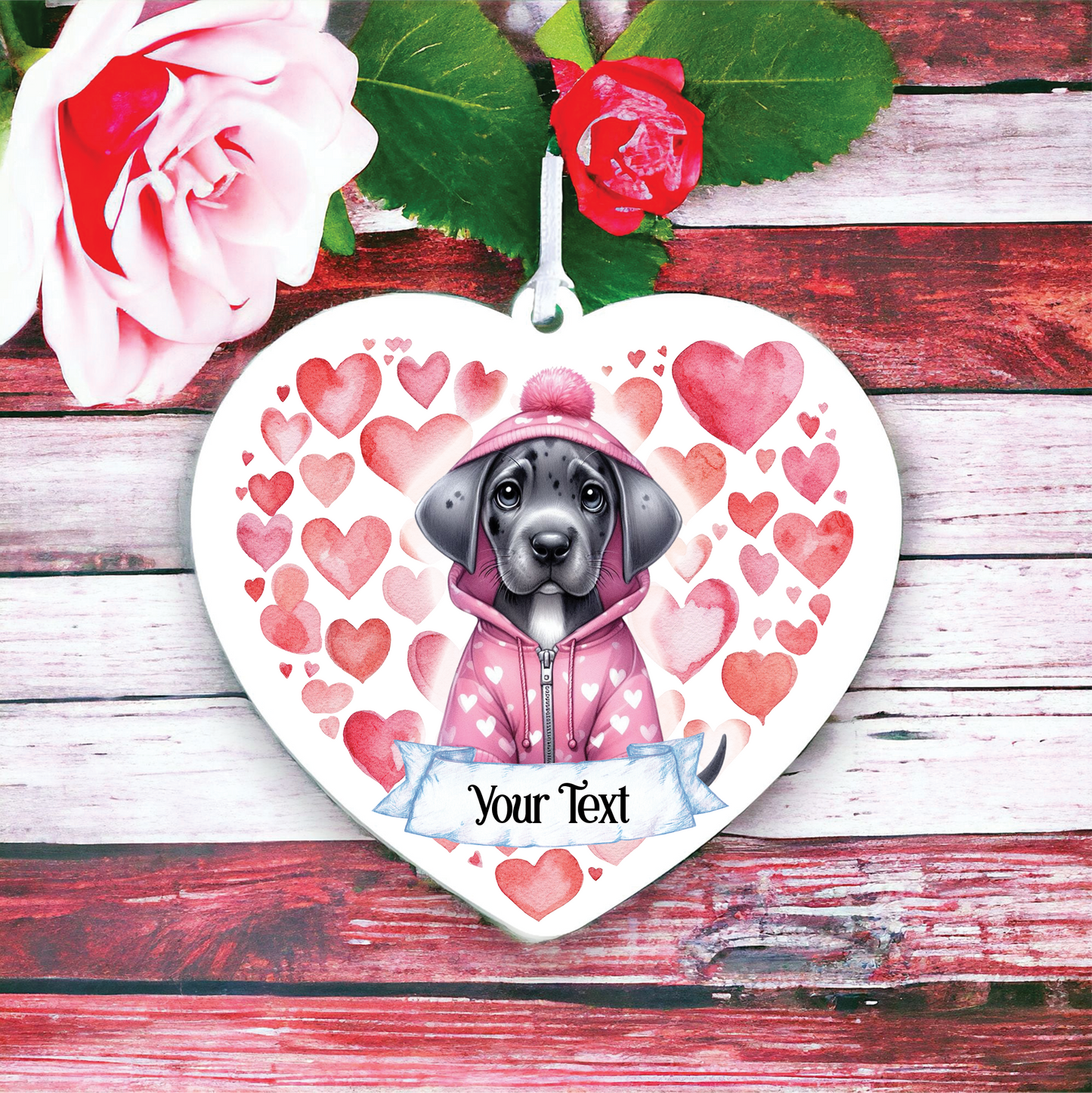 Personalised Great Dane Pink Heart Hoodie Decoration