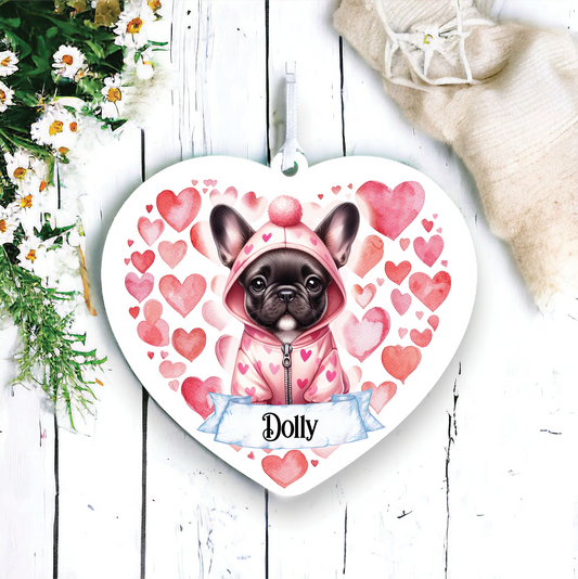 Personalised French Bulldog Pink Heart Hoodie Decoration