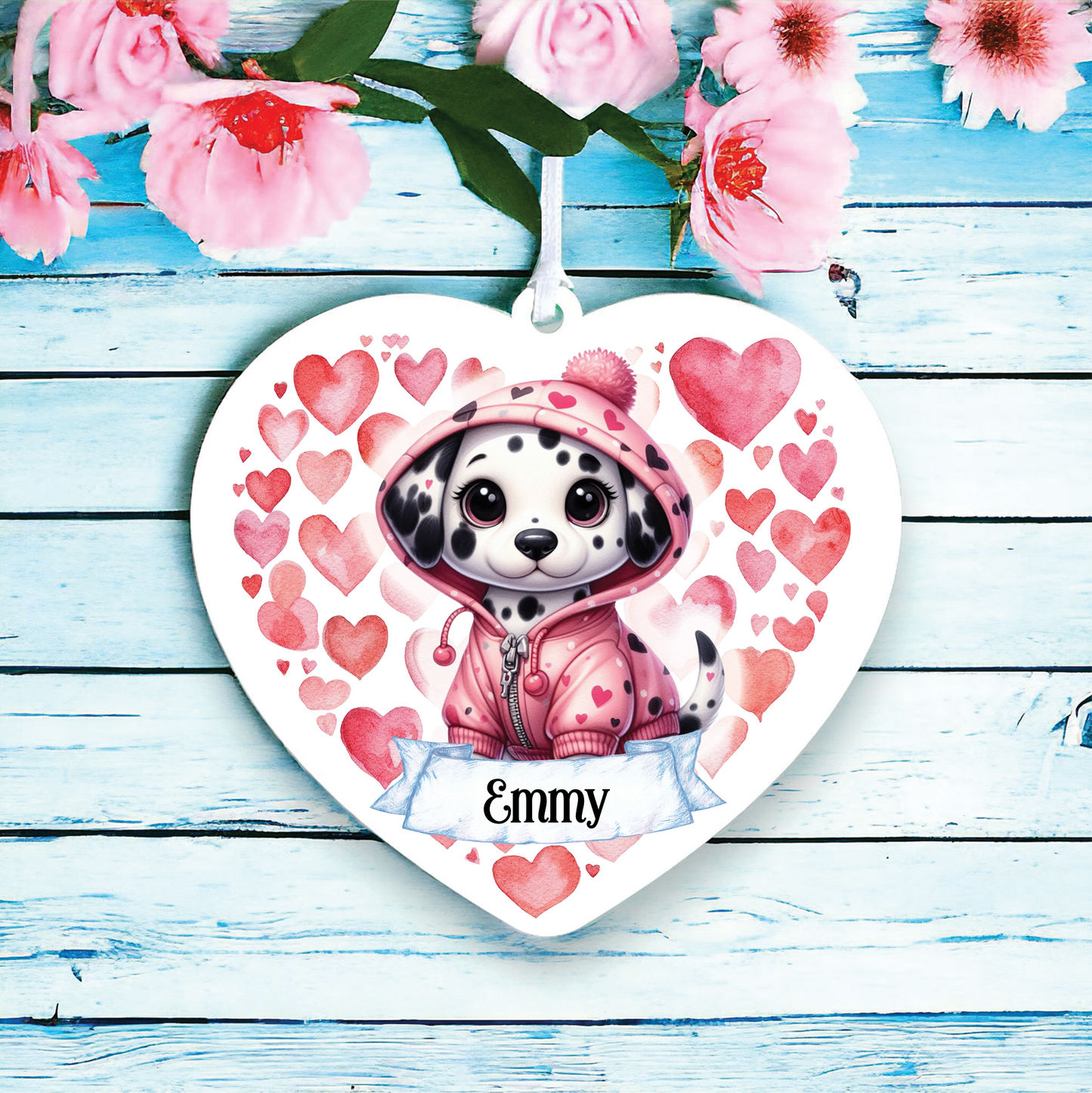 Personalised Dalmatian Pink Heart Hoodie Decoration