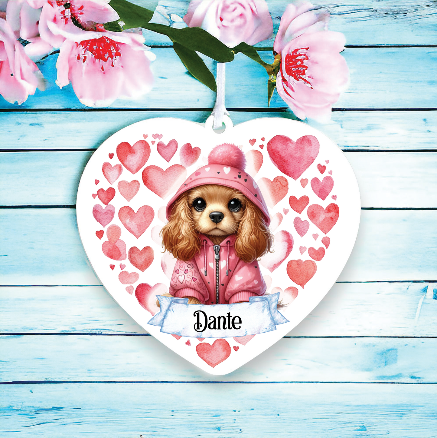 Personalised Cocker Spaniel Pink Heart Hoodie Decoration